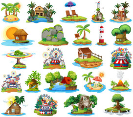 Set of different bangalows and island beach theme and amusement park isolated on white background