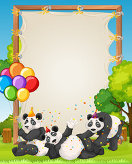 Canvas wooden frame template with pandas in party theme on forest background