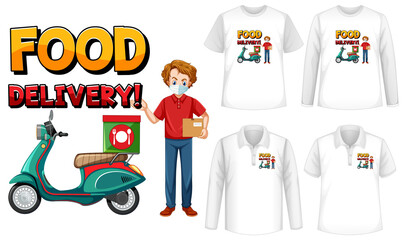 Set of different types of shirts with food delivery logo screen on shirts
