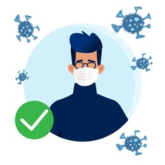 Man in mask in a protective bubble and protects himself from a new virus.