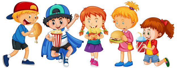 Group of young children cartoon character on white background