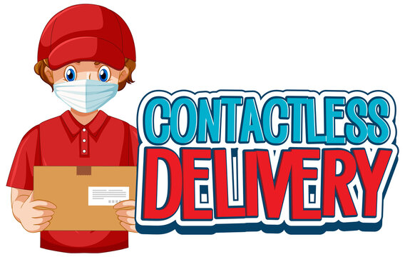 Contactless delivery logo with deliver or courier man in red uniform cartoon character