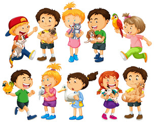 Group of young children cartoon character on white background