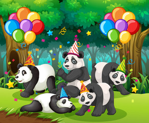 Panda group in party theme cartoon character on forest background