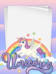 Blank paper banner with cute unicorn in the pastel sky background