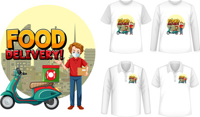 Set of different types of shirts with food delivery logo screen on shirts