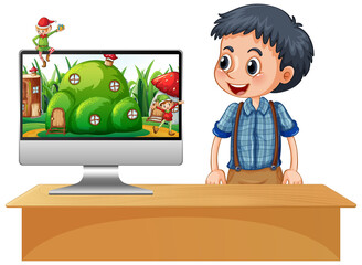 Boy next to laptop on the desk with fantasy background