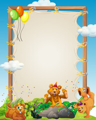 Canvas wooden frame template with beas in party theme on forest background