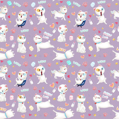 Seamless cute two color eyes cat drawing pattern with Funny characters. White cat emoji set pattern. Purple pastel background. Wallpaper, notebook, phone case print.
