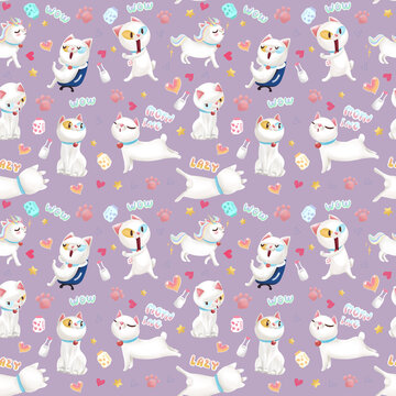 Seamless cute two color eyes cat drawing pattern with Funny characters. White cat emoji set pattern. Purple pastel background. Wallpaper, notebook, phone case print.