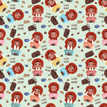 Seamless pattern with cute hijab girl characters stickers. Sweet hijab girl in chocolate boxes. Dessert include chocolate bars, cookies, hot chocolate with marshmallow. Green mint background color.