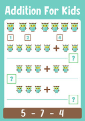 Addition worksheet for kids. Learn addition with owl bird printable paper.