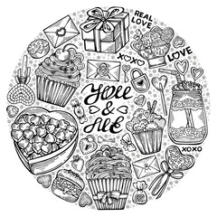 Hand drawn illustration in a circle on the theme of Valentine's Day. Isolated objects and hand drawn lettering on a white background. Pastel colors for lovers. Vector illustration