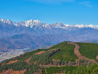 快晴の秋、鷹狩山展望台から北アルプス・大町市街を望む 長野県大町市