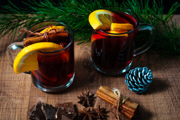 Fragrant mulled wine with orange pieces and spices
