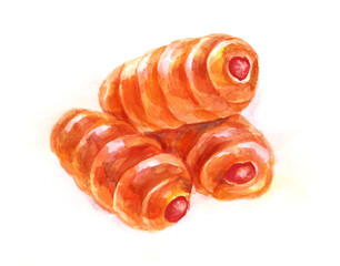 Sausage bread rolls, Russian homemade hot dog or Chineese bakery. Watercolor isolated