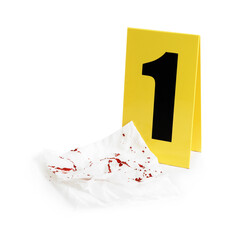 Bloody napkin and crime scene marker with number