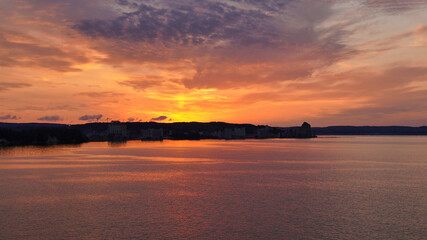 能登島大橋, 夕焼け, 空, 浜, 道, 海, 太陽