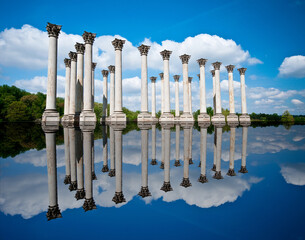 The Capitol Columns in the National Arboretum in Washington DC against a blue sky