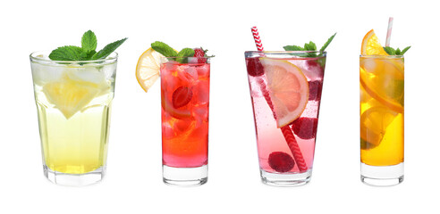 Set of different lemonade drinks made with soda water on white background. Banner design