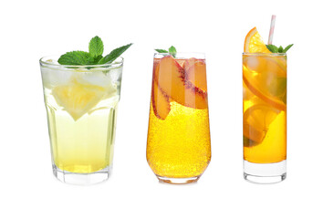 Set of different lemonade drinks made with soda water on white background