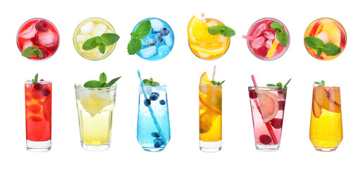 Set of different lemonade drinks made with soda water on white background, top and side view. Banner design - obrazy, fototapety, plakaty