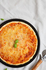 Homemade Neopolitan Pizza with Cheese and Basil, top view. Flat lay, overhead, from above.