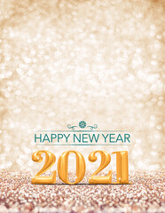 Obraz na płótnie Canvas happy new year 2021 year gold number ( 3d rendering ) at sparkling golden glitter studio background ,vertical Holiday Greeting card.Banner for advertise on mobile