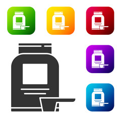 Black Sports nutrition bodybuilding proteine power drink and food icon isolated on white background. Set icons in color square buttons. Vector.