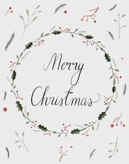 Scandi style Christmas wreath with lettering isolated on a warm grey background