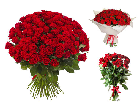 Set with beautiful bouquets of red roses on white background