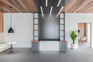 Dark reception desk front view in open space hall, wooden ceiling and white walls