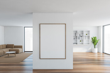 Mockup canvas in white wooden hall with brown sofa, bookshelf and plant