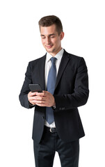 Smiling businessman using smartphone, isolated
