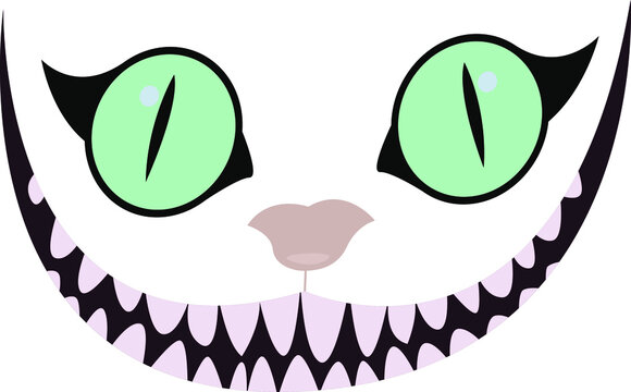 vector illustration, smile, Cheshire cat, eyes, teeth, mouth. Alice in Wonderland. The face of the cat. The head of a cat with a big mustache. Cheshire cat smile. 