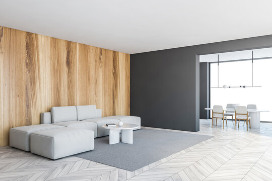 Mockup black copy space, black wall, wooden and white room with white furniture