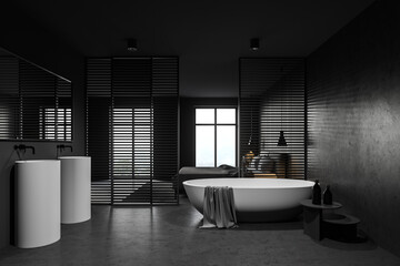 Wooden and gray bathroom and bedroom with double sink and tub