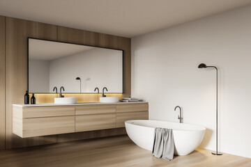 Fototapeta na wymiar Modern wooden and white bathroom corner