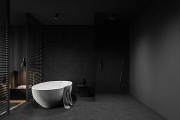 Obraz na płótnie Canvas Wooden and gray bathroom interior with double sink and tub, side view