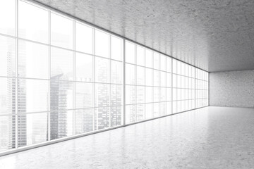 Large empty grey hall with big window, marble design of office space