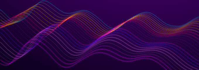 Colored sound wave. Equalizer for music. Futuristic dots background. 3D rendering. widescreen