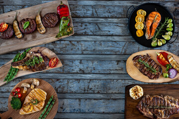 Different kinds of grilled meat on the table at the restaurant