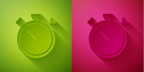Paper cut Stopwatch icon isolated on green and pink background. Time timer sign. Chronometer sign. Paper art style. Vector.