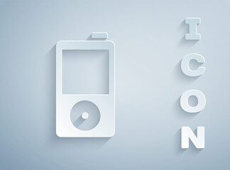 Paper cut Music player icon isolated on grey background. Portable music device. Paper art style. Vector.