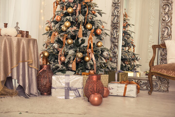 New Year's interior. gifts and toys under the Christmas tree. Christmas decorations. Luxury , bright, clean bright beautiful home interiors.