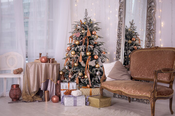 New Year's interior. gifts and toys under the Christmas tree. Christmas decorations. Luxury , bright, clean bright beautiful home interiors.