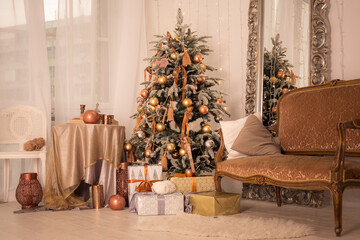 New Year's interior. gifts and toys under the Christmas tree. Christmas decorations. Luxury , bright, clean bright beautiful home interiors.