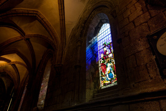Hexham, Northumberland, United Kingdom, 9th May 2016, a stained glass window at Hexham Abbey