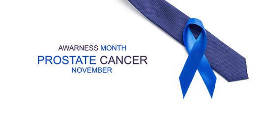 Cancer people. Blue ribbon, fashion tie isolated on white background. Awareness prostate cancer of men health in November. Man Healthcare and World cancer day concept.