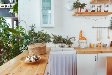 Bright interior of white kitchen with Christmas tree. Ecology and zero waste concept